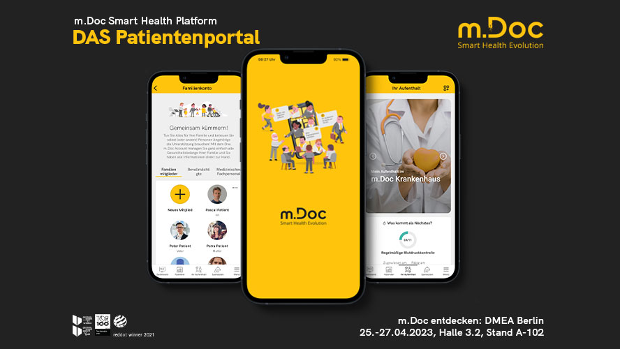 ConnectedCare Partner, m.Doc | Drei Smartphones mit m.doc Patientenportal auf dunkelgrauem Hintergrund