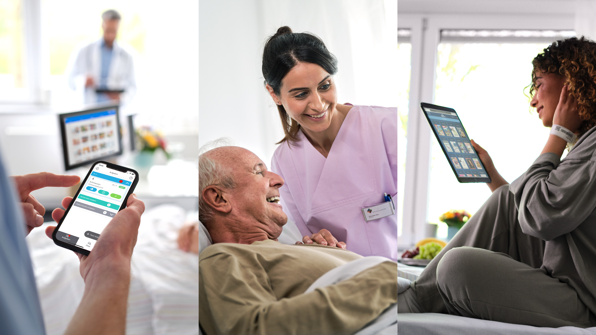 Collage aus drei Bildern: Pfleger bedient den Digitalen Serviceruf auf Smartphone, Pflegerin und Patient lachen, Patientin liest eMagazines von sharemagazines auf iPad