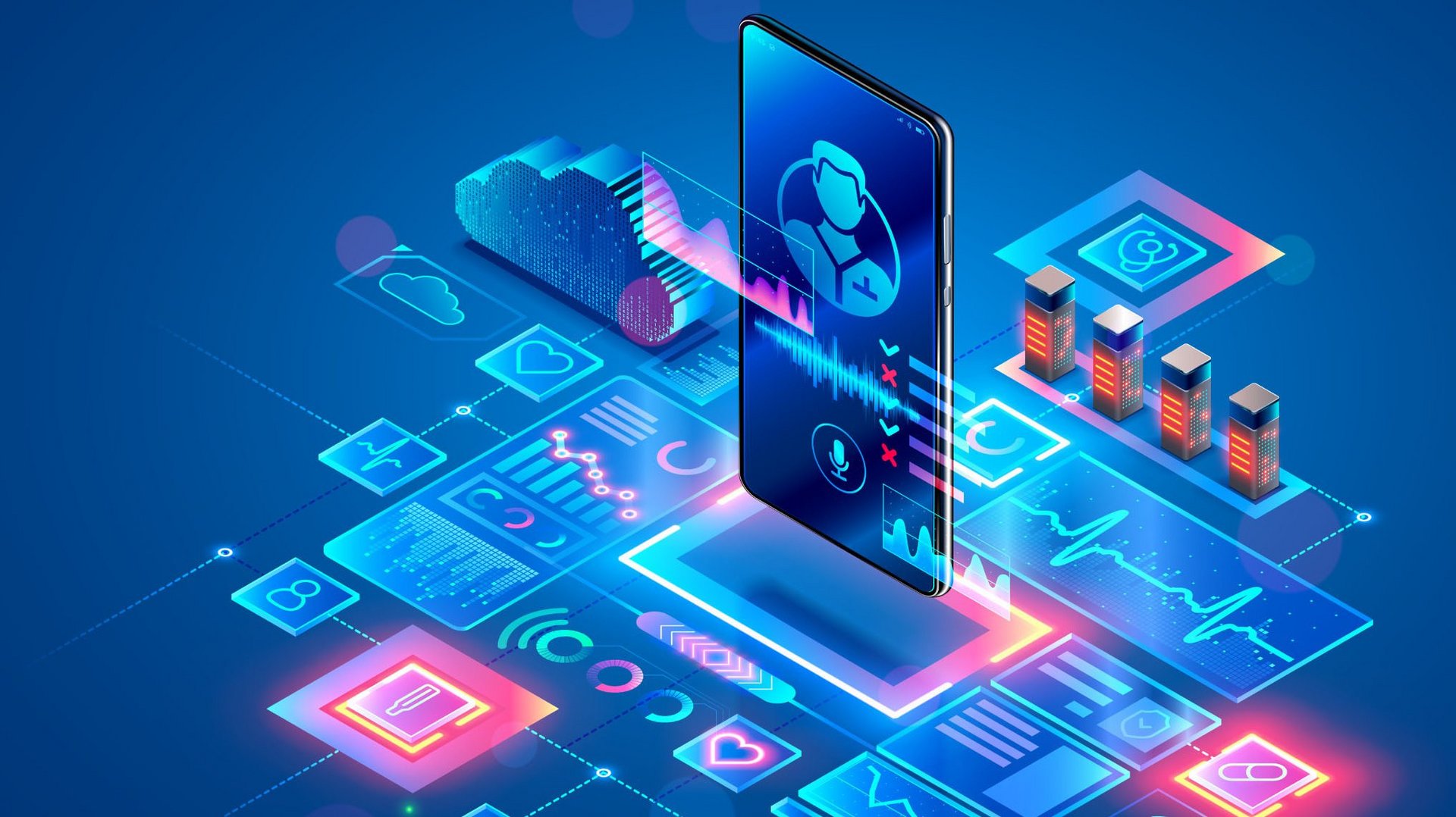 ConnectedCare Interoperabilität | Blaue Illustration von 3D-Smartphone mit Medizin-Symbolen drumherum