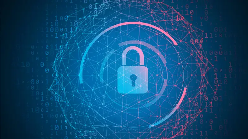 ConnectedCare IT-Sicherheit und Datenschutz | Schlosssymbol mit Netzgrafik vor Binärcode.
