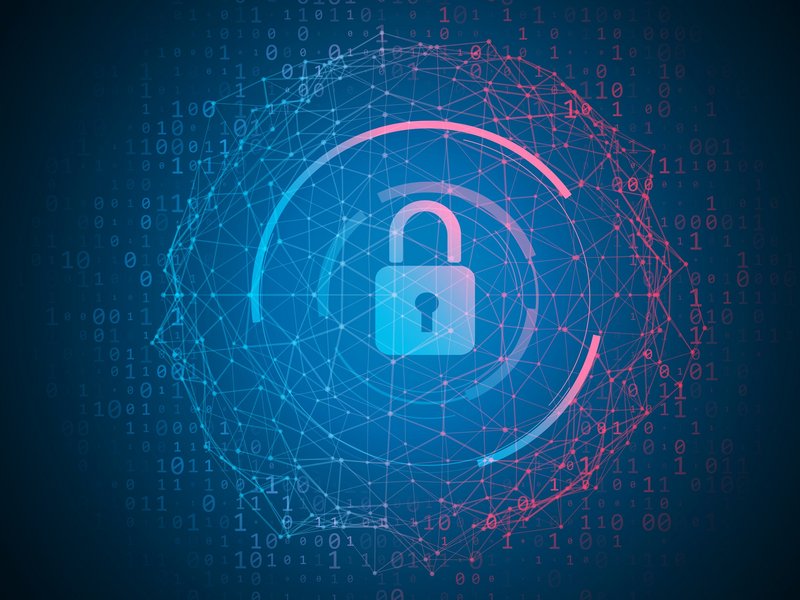 ConnectedCare IT-Sicherheit und Datenschutz | Schlosssymbol mit Netzgrafik vor Binärcode.