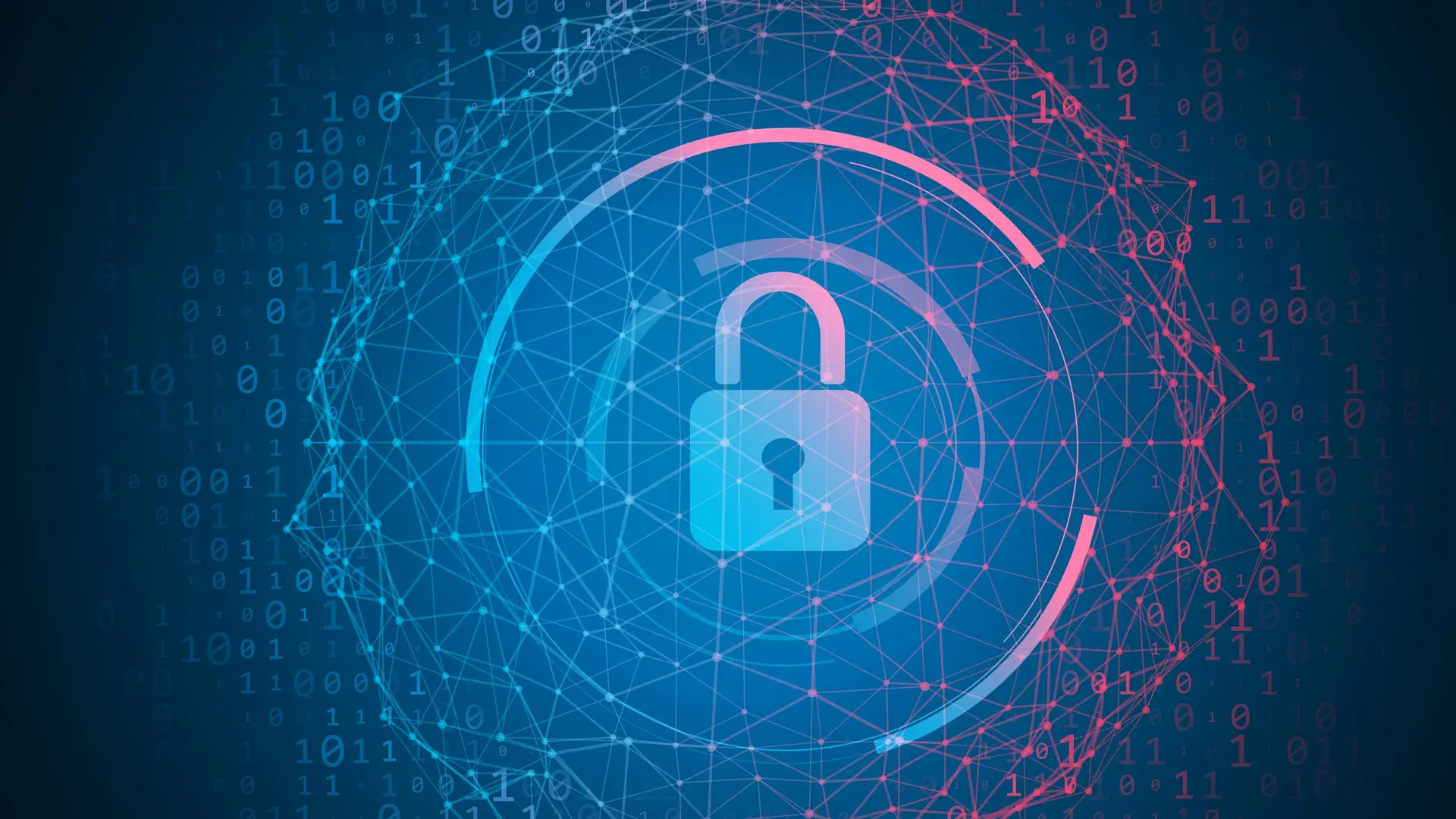 ConnectedCare IT-Sicherheit und Datenschutz | Schlosssymbol mit Netzgrafik vor Binärcode.