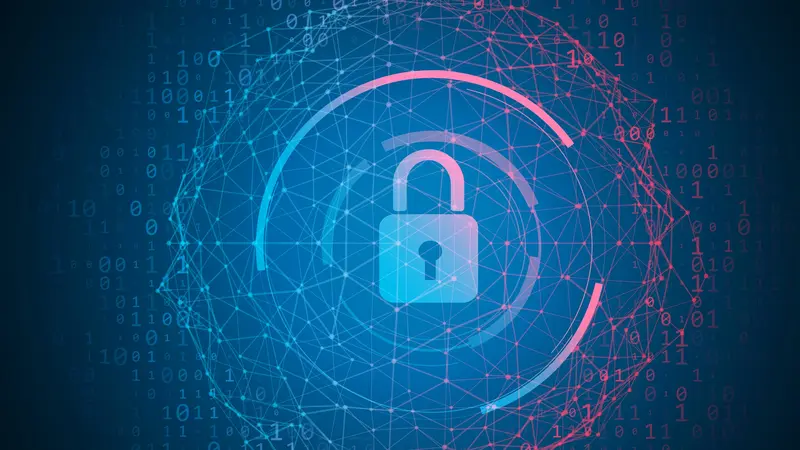 ConnectedCare IT-Sicherheit und Datenschutz | Schlosssymbol mit Netzgrafik vor Binärcode.